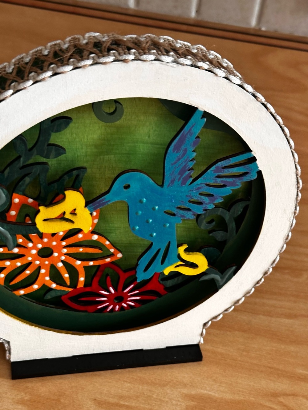 Hand Crafted Blue Hummingbird with Orange & Yellow Flowers 3d Shadow Box decor - Picture 6 of 15
